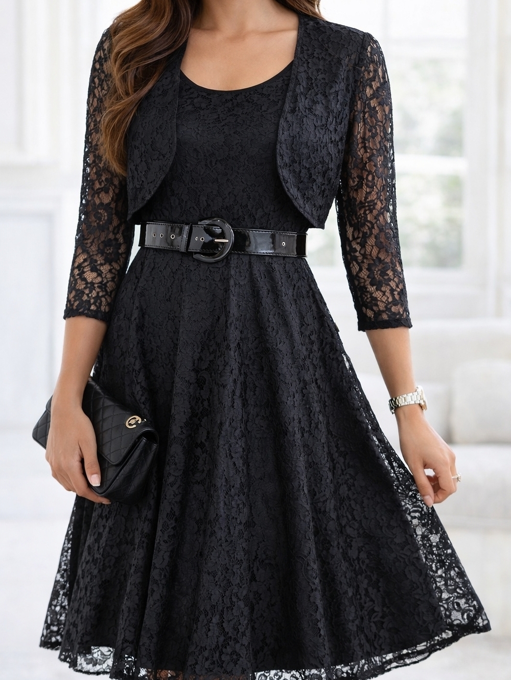 Jessica Vintage Lace Dress & Bolero Set Black | Crinoline Fit & Flare | Cocktail